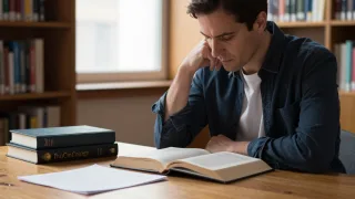 A thoughtful reader examines an open book at a library table surrounded by research materials.
