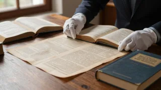 Researcher compares an old book with archival reviews, publishing records, and a modern edition.
