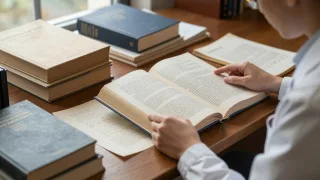 Researcher compares a history book’s notes with archival documents and other scholarly volumes at a library desk.