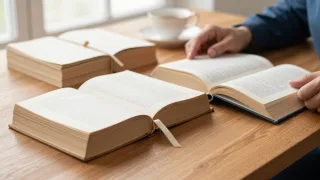 Reader compares an open classic novel with a sequence of aged paper installments at a wooden desk.