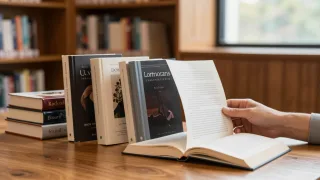 Reader arranges a group of related hardcover books in sequence on a library table.