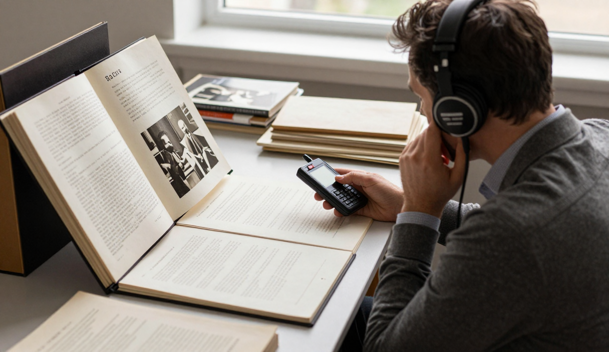 Historian listens to a recorded interview while comparing transcripts, notes, photographs, and archival materials.
