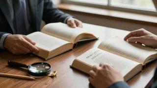 Researcher compares the front matter of an older book and a newer edition at a library table.