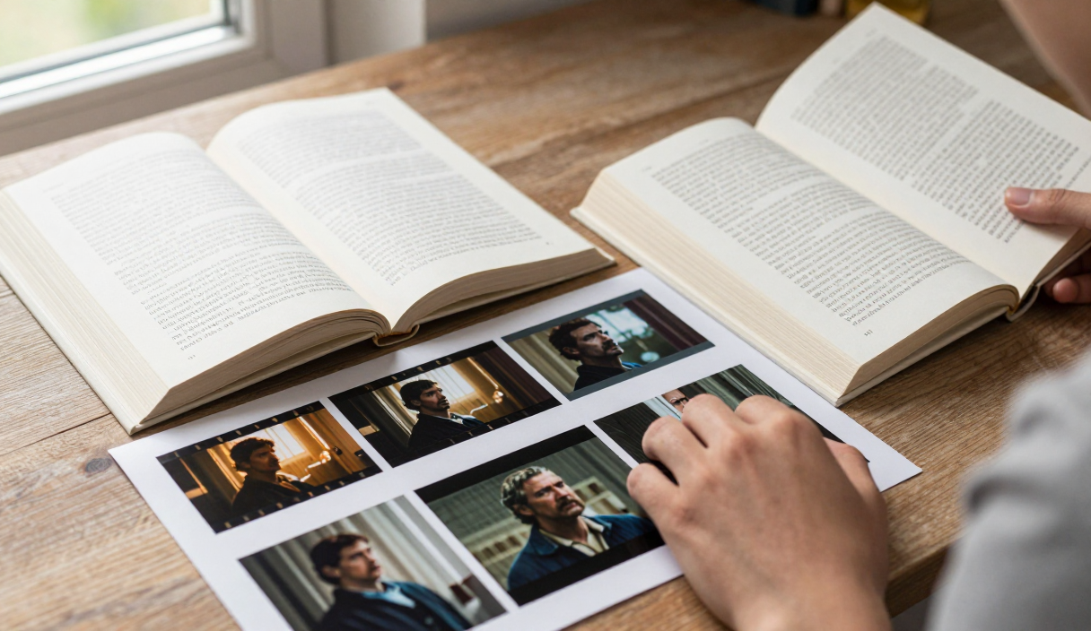 A reader compares an open novel with cinematic scene cards arranged across a desk.