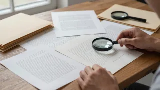 A reader examines layered manuscript pages with marginal notes, corrections, archival folders, and a magnifying glass.