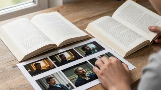 A reader compares an open novel with cinematic scene cards arranged across a desk.