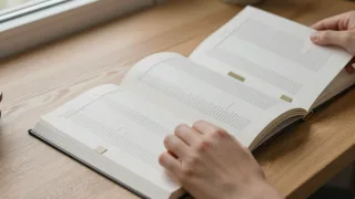 Reader cross-checking entries in a book’s index against referenced pages at a desk.