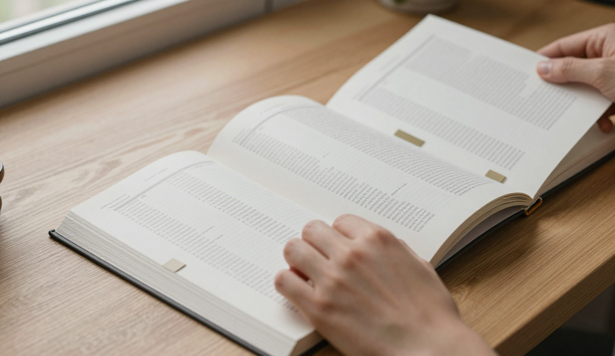 Reader cross-checking entries in a book’s index against referenced pages at a desk.