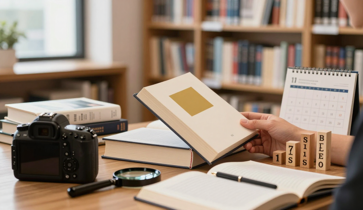 Reader examines a book’s promotional seal beside objects representing sales rankings, categories, and time periods.