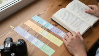 Reader organizes color-coded cards beside an open novel to track multiple timelines and viewpoints.