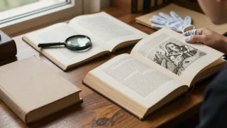 Researcher compares an unillustrated early book with a later edition containing an engraved plate.