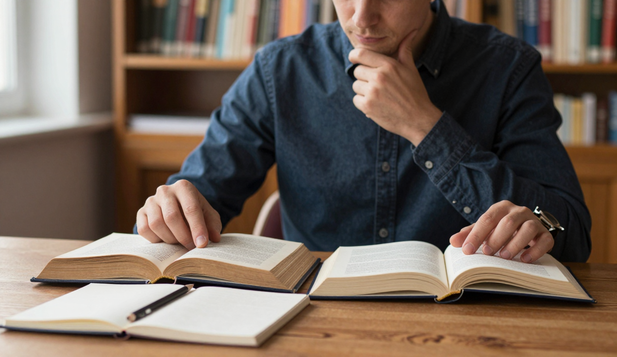 Reader compares an older volume with a newer book at a library table.