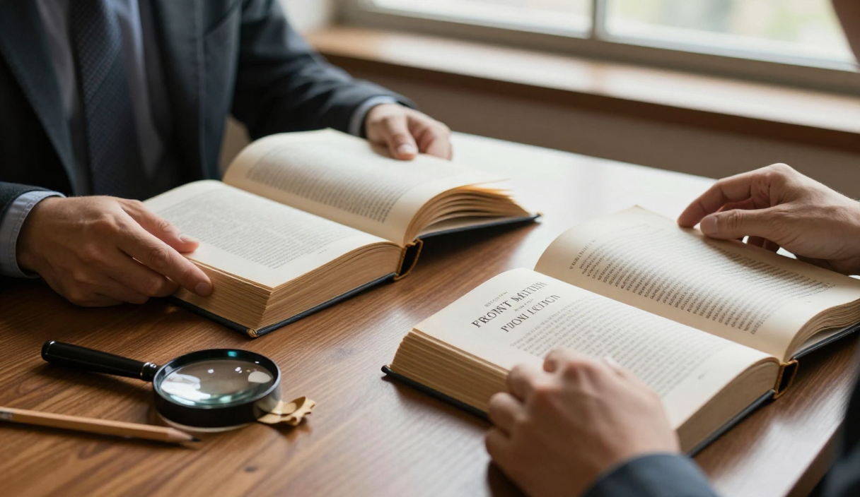 Researcher compares the front matter of an older book and a newer edition at a library table.
