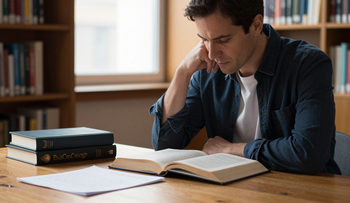 A thoughtful reader examines an open book at a library table surrounded by research materials.