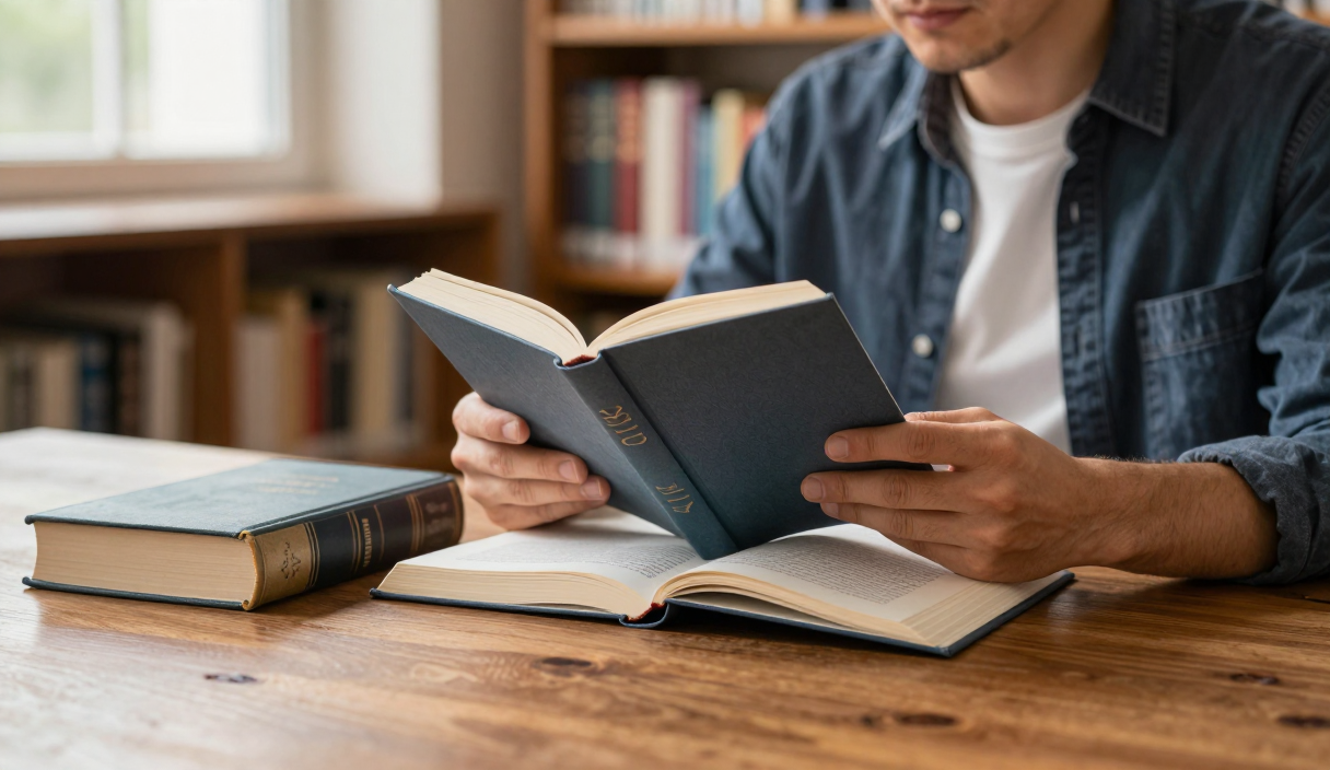 Reader explores a contemporary novel while an older classic rests nearby on a library table.