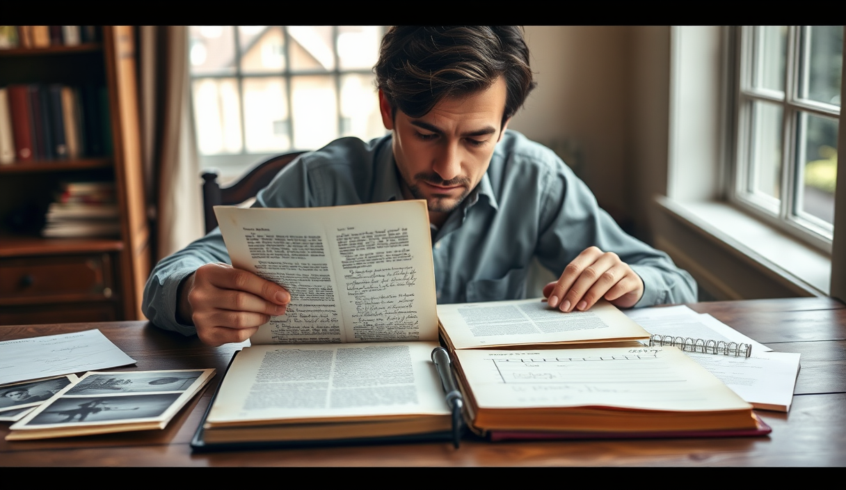 Reader cross-checking an open memoir against archival photographs, letters, and a timeline at a desk.