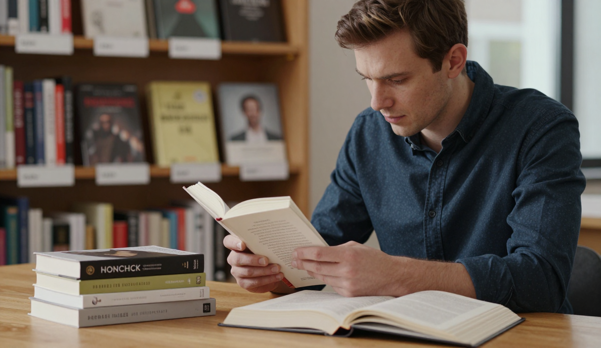 Reader compares differently styled books while examining an open volume in a quiet library.