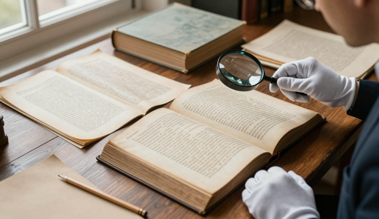 Researcher compares an antique book, manuscript, periodical, and modern edition to trace a work’s history.