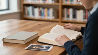 A reader studies an open book beside an unmarked cover and a partially hidden archival portrait.