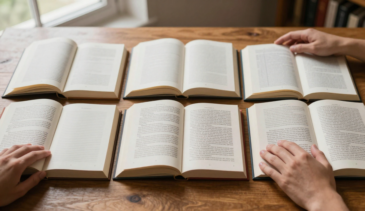 Three differently sized editions of the same book lie open as a reader compares their layouts and pagination.
