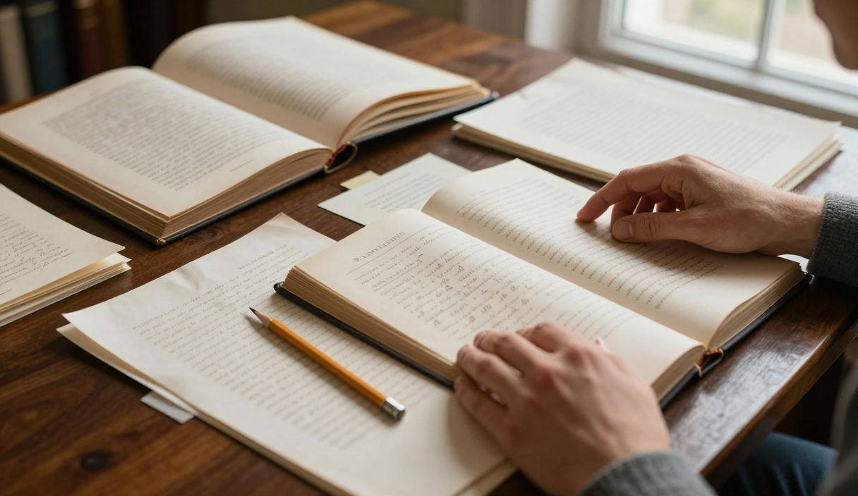 Reader compares an edited book of letters with archival manuscript pages at a library desk.
