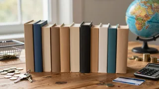 Ten blank books sit among household objects, money, housing keys and a globe on a wooden table.