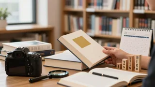 Reader examines a book’s promotional seal beside objects representing sales rankings, categories, and time periods.