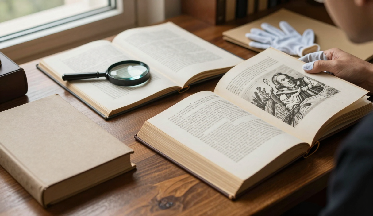 Researcher compares an unillustrated early book with a later edition containing an engraved plate.