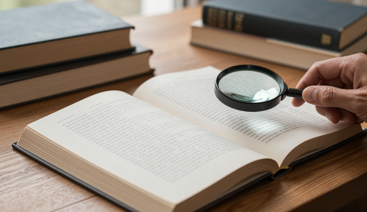 Reader examines an open book’s copyright page with a magnifying glass on a library table.