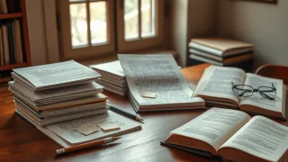Layered manuscript drafts, editing tools, and an unmarked book arranged on a literary editor’s desk.