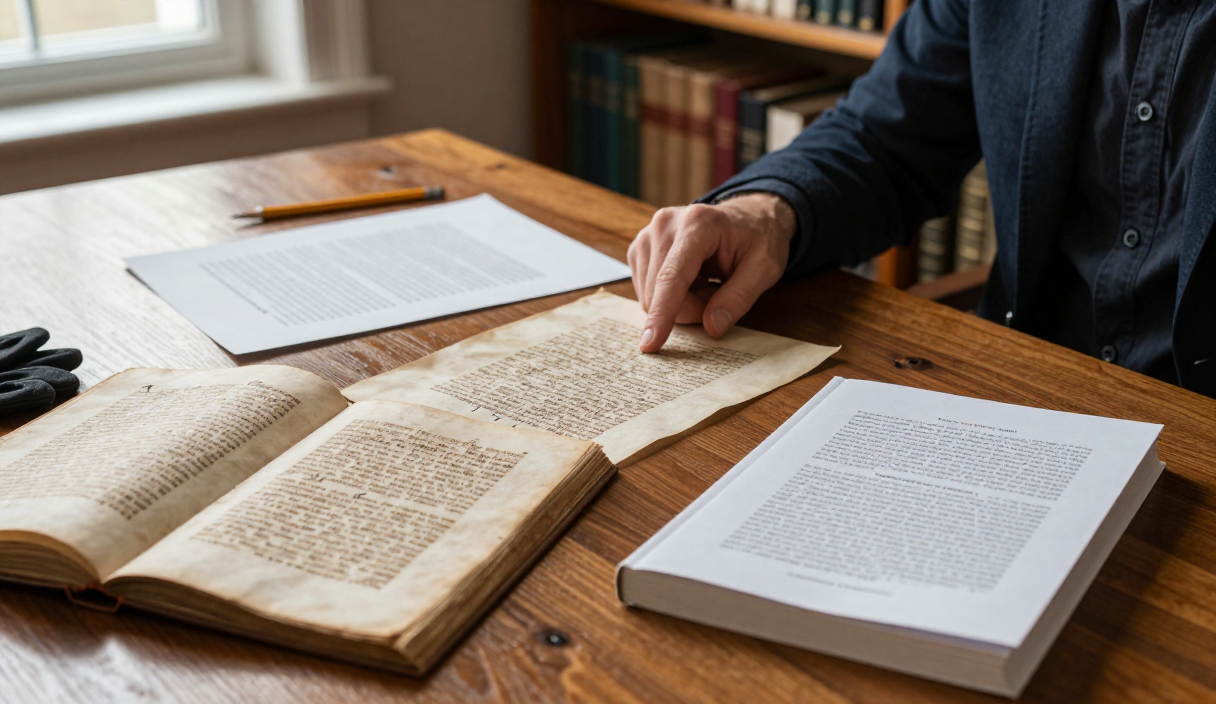 A scholar compares a manuscript, proof sheets, and an annotated modern edition at a library table.