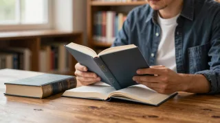 Reader explores a contemporary novel while an older classic rests nearby on a library table.