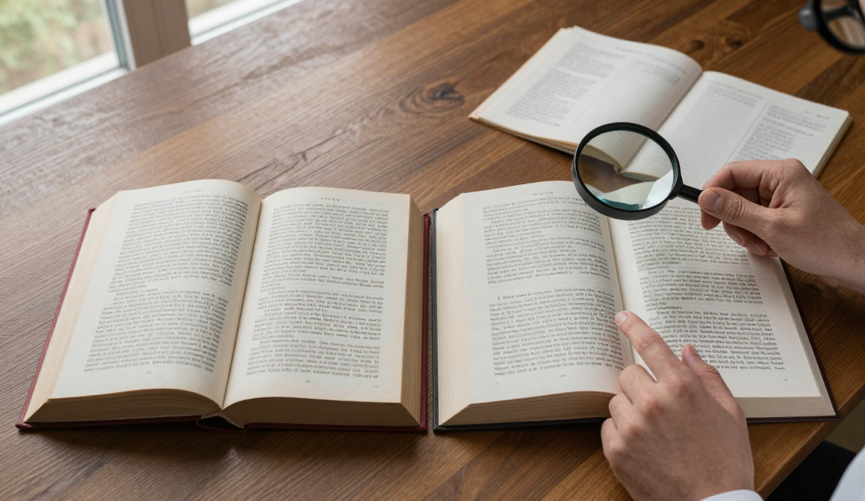 Researcher compares corresponding pages in two book editions to identify changes in wording and layout.