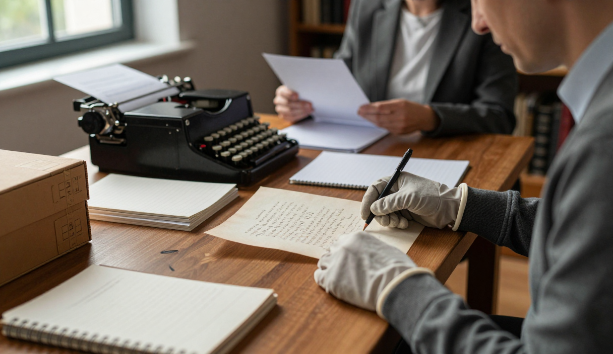 An archivist examines manuscripts and letters in a literary archive surrounded by notebooks and preservation boxes.