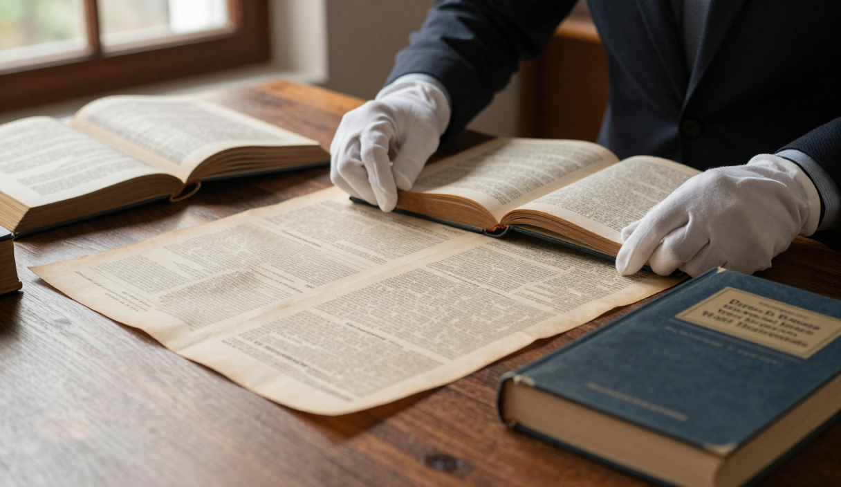Researcher compares an old book with archival reviews, publishing records, and a modern edition.