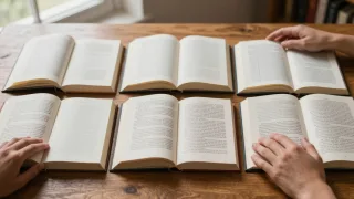 Three differently sized editions of the same book lie open as a reader compares their layouts and pagination.