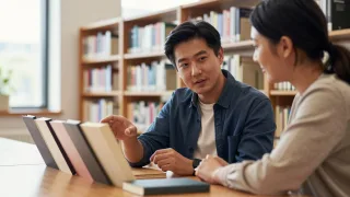 A librarian discusses a small selection of books with a visitor at a library desk.
