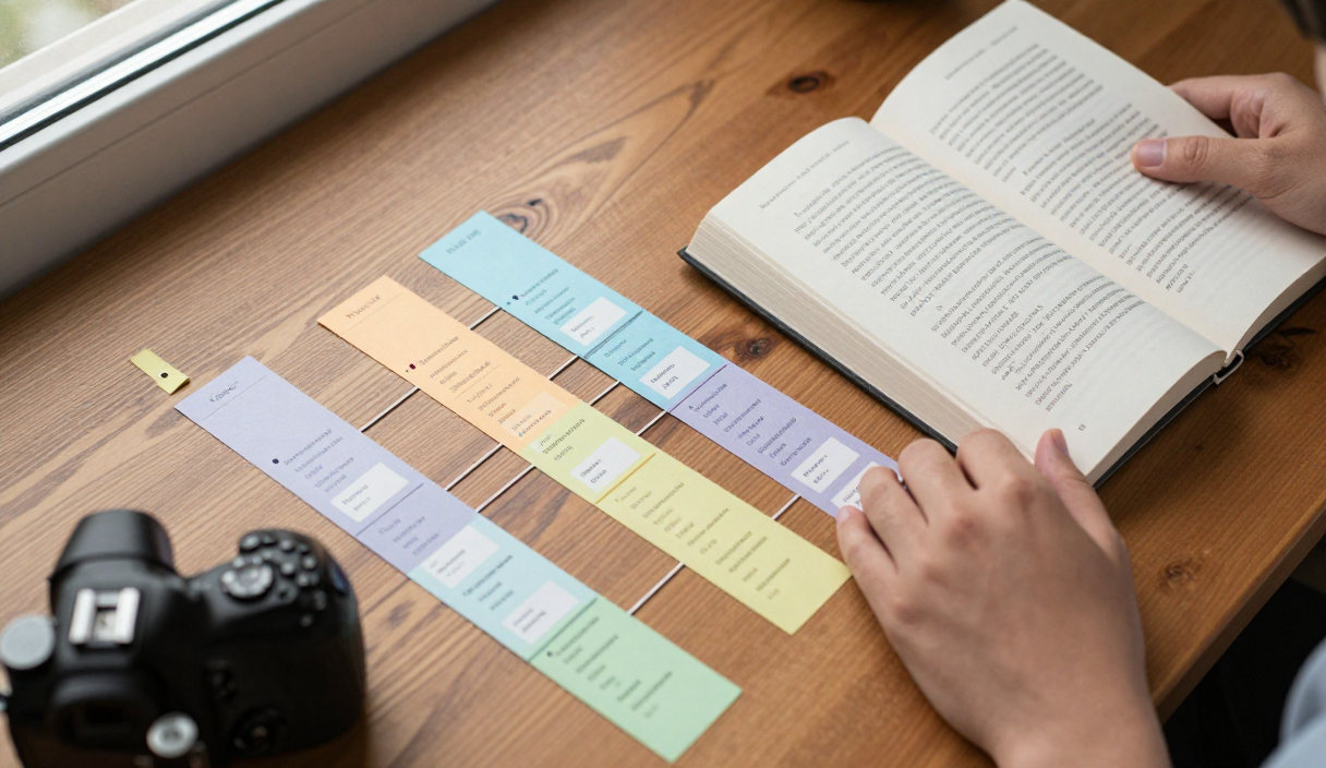 Reader organizes color-coded cards beside an open novel to track multiple timelines and viewpoints.