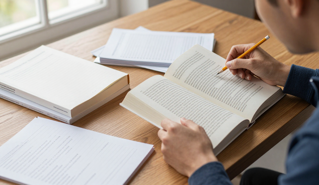 A reader compares an open nonfiction book with reference materials and research notes at a desk.