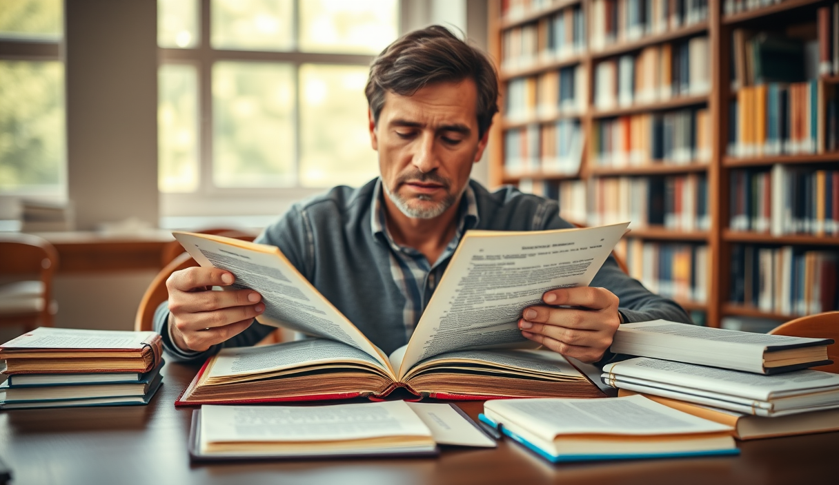 Researcher compares an aging nonfiction book with newer reference works at a library table.