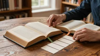 Reader compares a modern book with an older volume, using tabs and cards to trace shared literary patterns.
