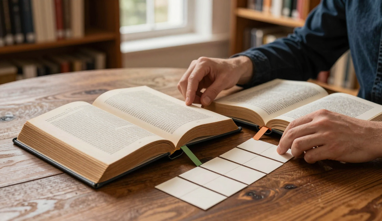 Reader compares a modern book with an older volume, using tabs and cards to trace shared literary patterns.