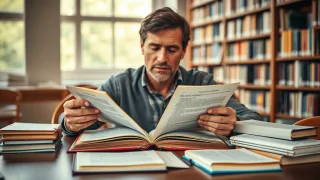 Researcher compares an aging nonfiction book with newer reference works at a library table.