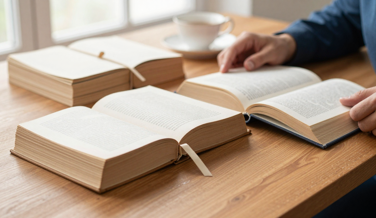 Reader compares an open classic novel with a sequence of aged paper installments at a wooden desk.