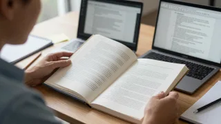 Researcher compares open book editions and publishing records for clues about authorship and collaboration.