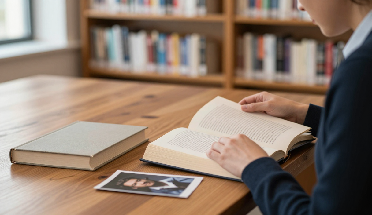 A reader studies an open book beside an unmarked cover and a partially hidden archival portrait.
