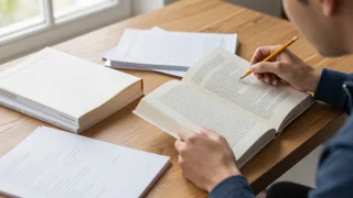 A reader compares an open nonfiction book with reference materials and research notes at a desk.