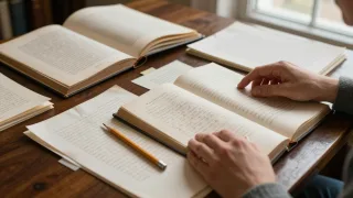 Reader compares an edited book of letters with archival manuscript pages at a library desk.