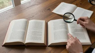 Researcher compares corresponding pages in two book editions to identify changes in wording and layout.