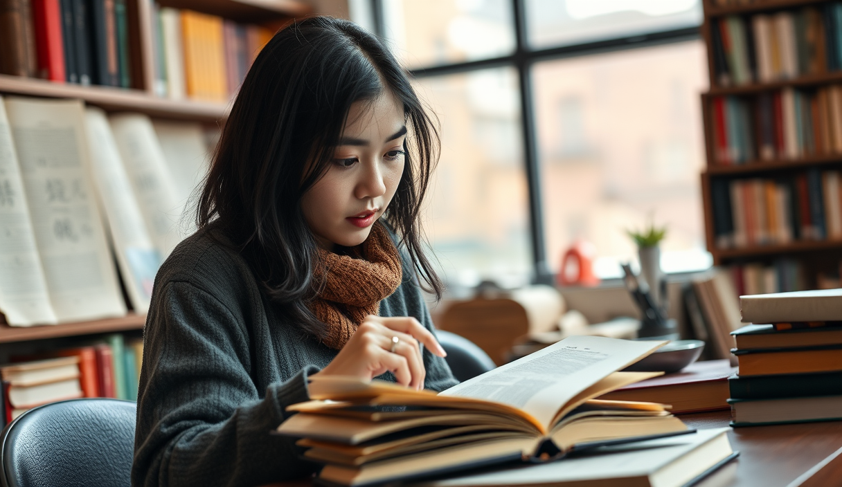 Professional photorealistic scene representing the careful comparison of book translations